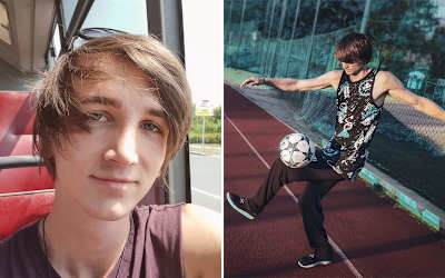 Graphics artist, Jakub Neruda: a close-up on the left; playing freestyle football on the right.