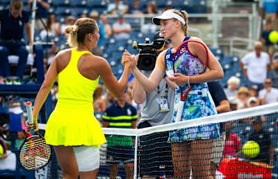 Elena Rybakina of Kazakhstan as seen at the end of her first round match at the 2023 US Open. 