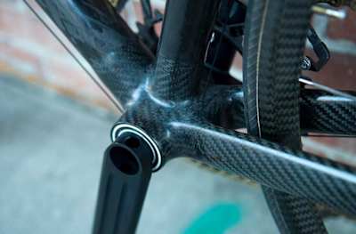 A close-up of the bottom bracket on the World's Lightest Bike