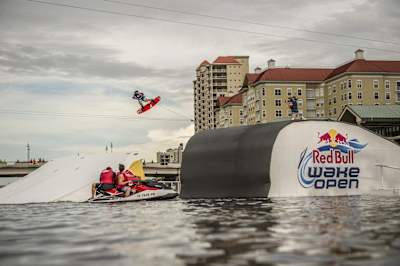 Daniel Grant performs at Red Bull Wake Open big air 