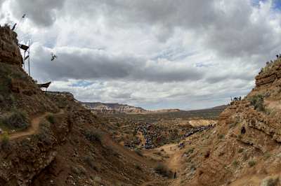 Cam Zink performs a 78ft back flip to win best trick at the Red Bull Rampage mountain bike slopestyle event in Virgin, Utah, USA.