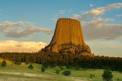 A sunset over the imposing Devils Tower, Wyoming