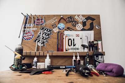 Mechanics bench in the Gstaad-Scott UCI Downhill World Cup team bus in Leogang, Austria