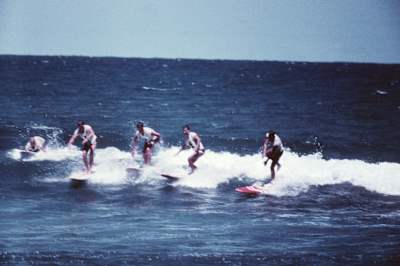 A group of surfers take part in the first Bells competition in 1962.