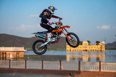 Robbie Maddison performs on his FMX bike in Jaipur