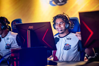 Participant celebrates during Red Bull Campus Clutch World Finals in Sao Paulo, Brazil.