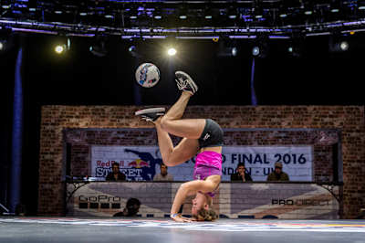 Event winner Melody Donchet of France performs during the finals of the freestyle football world championship Red Bull Street Style in London, United Kingdom, on November 8, 2016