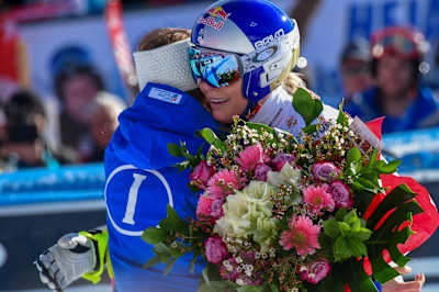 Lindsey Vonn embraces Sofia Goggia after racing the Super-G during FIS Alpine Ski World Cup 2018 - 2019 in Cortina d'Ampezzo, Italy on January 20, 2019 