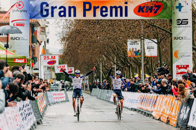 Julius Birkedal and Enzo Hincapie crossing the finish line