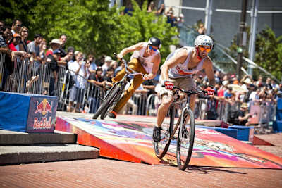 Fixed gear cyclists Matt Reyes and Jason Clary race at Red Bull Ride + Style 2013