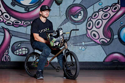 BMX freestyle rider Zack Warden with his bike at Woodward Camp