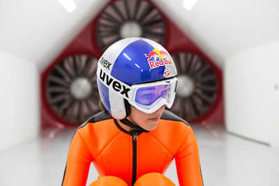 Sarah looking Space Age in the wind tunnel