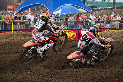Red Bull Motocross rider Ken Roczen gets inside line Marvin Musquin