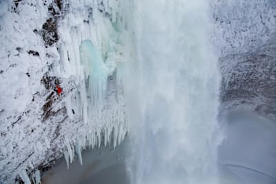 Canadian climber Will Gadd making the first ascent of Helmcken Falls, BC