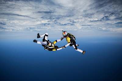 Fred Fugen and Vincent Reffet training in Austria in may 12th for a jump at 33 000 feet (10 km) above the Mont Blanc, France, on May 31st 2014