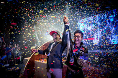 James celebrating with Polt after the Finals.