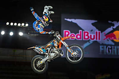 Levi Sherwood in mid-air at Red Bull X-Fighters 2014 in Mexico City's Plaza Monumental de Toros