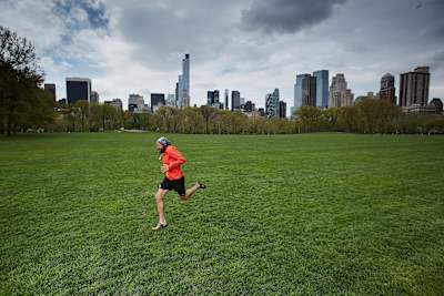 Sprinting under the city skyline.