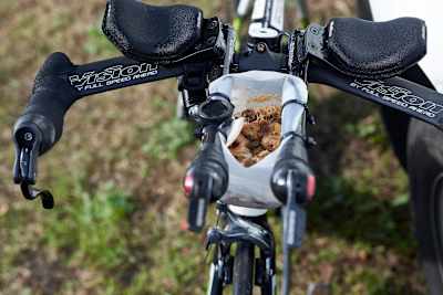 One rider's bike holds a bag of biscuits at the Mersey Roads 24hr Time Trial on July 18, 2015