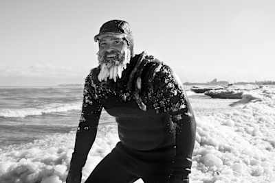 Icicles on the beard of a surfer in Indiana