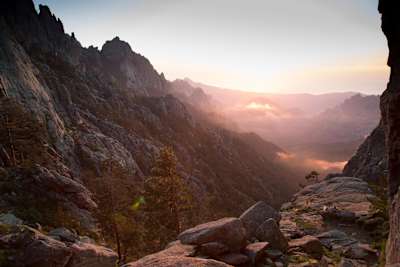 Sunrise at Aiguilles de Bavella in Corsica.