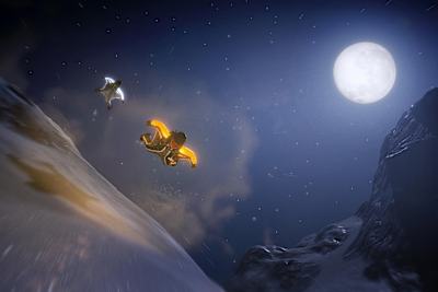 Deux joueurs en wingsuit la nuit dans le jeu vidéo Steep d'Ubisoft.