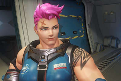 A screenshot of Overwatch video game character Zarya