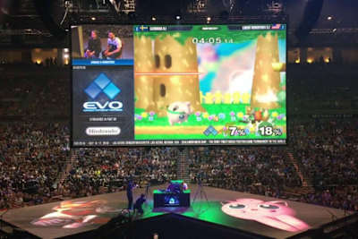 A shot of Smash Bros Melee tournament at Evo