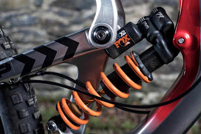 The Fox DH X2 rear shock on Luca Shaw Santa Cruz V10 MTB at Lourdes World Cup on April 27, 2017