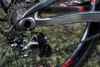 The Swingarm on Luca Shaw's Santa Cruz V10 MTB at Lourdes World Cup on April 27, 2017.