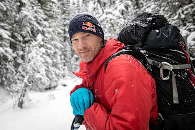 Will Gadd poses for a portrait on his way towards the start of exploring the Athabasca Glacier.