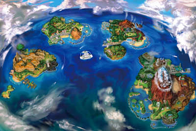 Une map du monde d'Alola dans le jeu vidéo Pokémon Soleil/Lune sur console de jeux Nintendo 3DS et Switch.