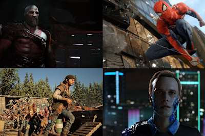 Four screenshots from some of the best games, including Days Gone, God of War, Spider-Man and Detroit: Become Human