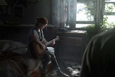 A woman playing a guitar in The Last of Us