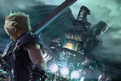 A screenshot from Final Fantasy showing the protagonist in front of a building, with a huge winged character behind