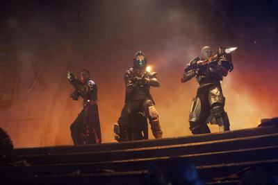 Three characters prepare for battle in Destiny 2