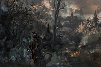 A screenshot showing a man in front of a gloomy background in Bloodborne