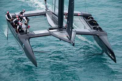 Soft Bank Team Japan looking powerful from the air on day 6 of the Louis Vuitton America's Cup Qualifiers in Bermuda.