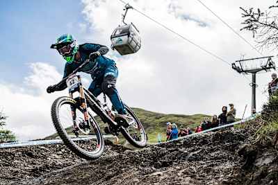 Greg Minnaar races at the top of the course during the Fort William UCI DH World Cup Rd 2 finals on June 4, 2017