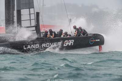 Land Rover BAR holds on and digs into wave in Louis Vuitton America's Cup challenger play off semi finals in Bermuda.