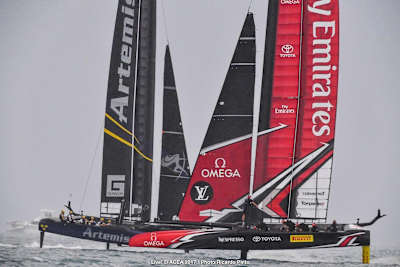 Team Artemis and ETNZ go head to head once more Everything was on the line for Team Artemis and ETNZ in the Louis Vuitton America's Cup Play off finals. Here, Artemis and ETNZ get the last of the breeze.