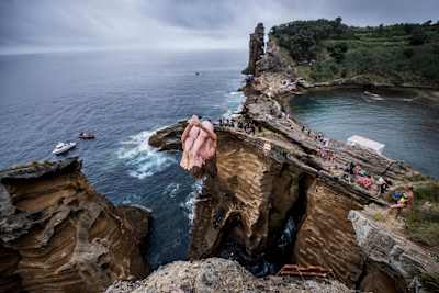Gary Hunt dives from the 26.5 metre Snakehead at Islet Franca do Campo during the Red Bull Cliff Diving World Series, Sao Miguel, Azores, Portugal