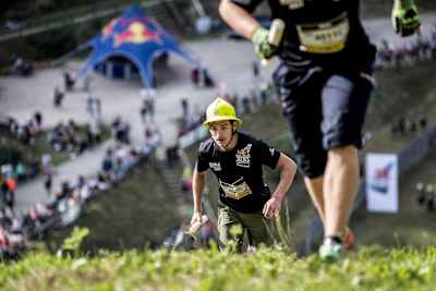 Firemen compete in a relay up the 400 metre ski-jump at Hochfirstschanze during the Red Bull 400 World Championship at Titisee-Neustadt, Germany on July 15th 2017.
