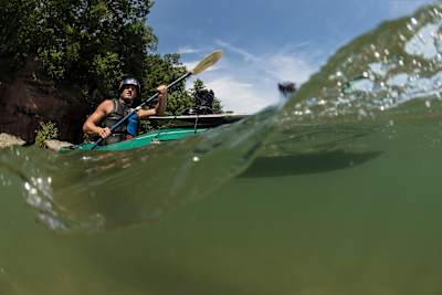 This might be the only time you see a wakeboarder on a kayak.