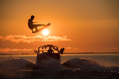 Mike Dowdy wakeboards on Lake Superior along the shores of northern Wisconsin, USA on July 10, 2017.