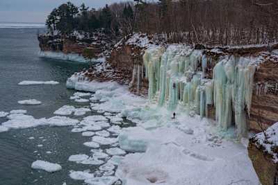 An image of ice pillars about to be climbed in Michigan, USA by Sasha DiGiulian.