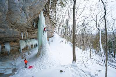 Sasha DiGiulian and Angela VanWiermeersch are pictured ice climbing in Michigan, USA.