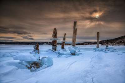 An image of odd ice formations on freezing lake water in Lake Superior, USA.