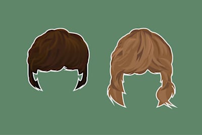 An illustration of a Beatles mop-top hairstyle and an illustration of Brian Jones of The Rolling Stones' flowing golden locks.