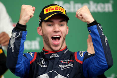 Second placed Pierre Gasly of France and Scuderia Toro Rosso celebrates on the podium during the F1 Grand Prix of Brazil at Autodromo Jose Carlos Pace.